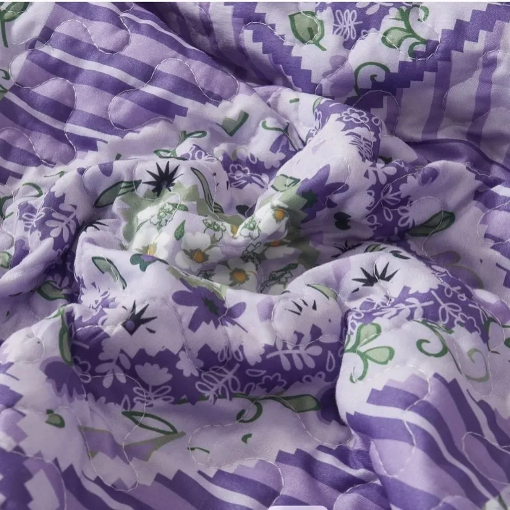 Purple Lavender Floral Printed Patchwork Queen Quilt Set Cottage Farmhouse